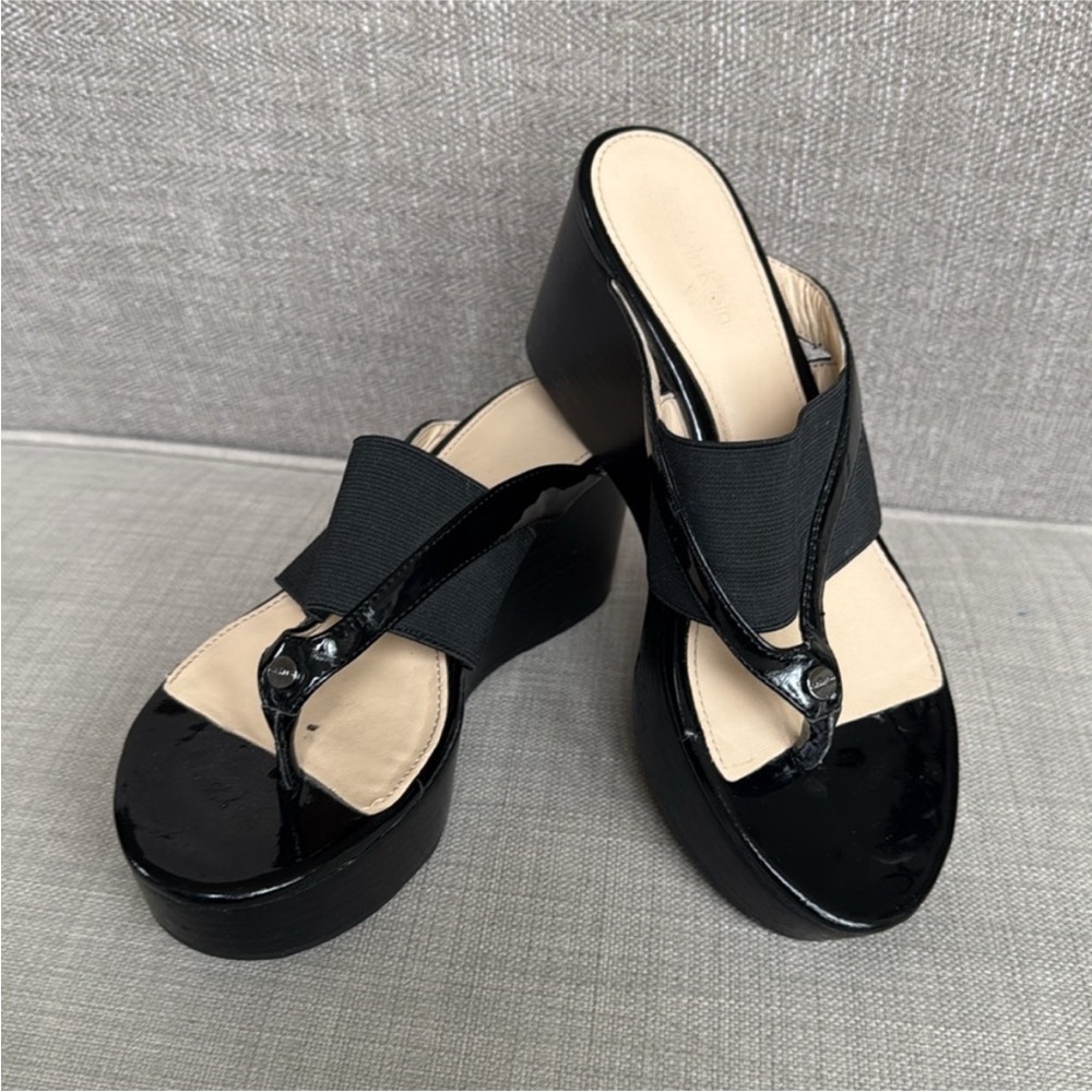 Calvin Klein Black Patent Wedge Sandals